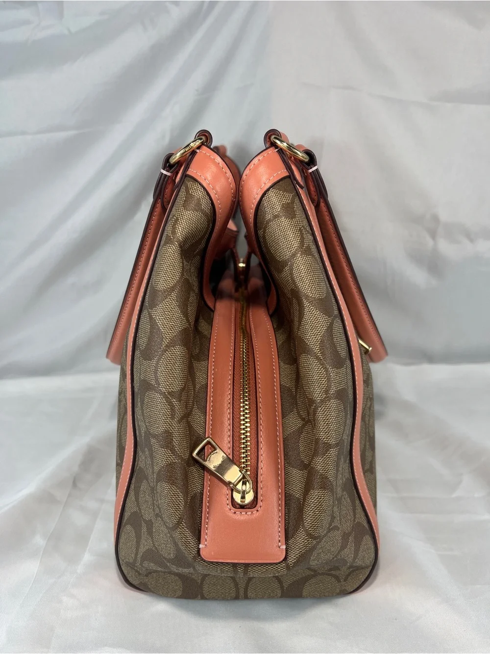 COACH C6232 Kristy Shoulder Bag In Signature Canvas Khaki Coral Pink EUC
